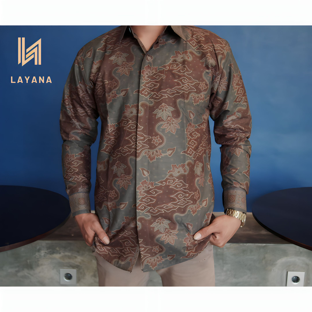 Kemeja Batik Layana Motif Megamendung Abstrak Biru Coklat Slimfit Premium Baju Formal Non Formal Pakaian Keluarga Sragaman Andaru