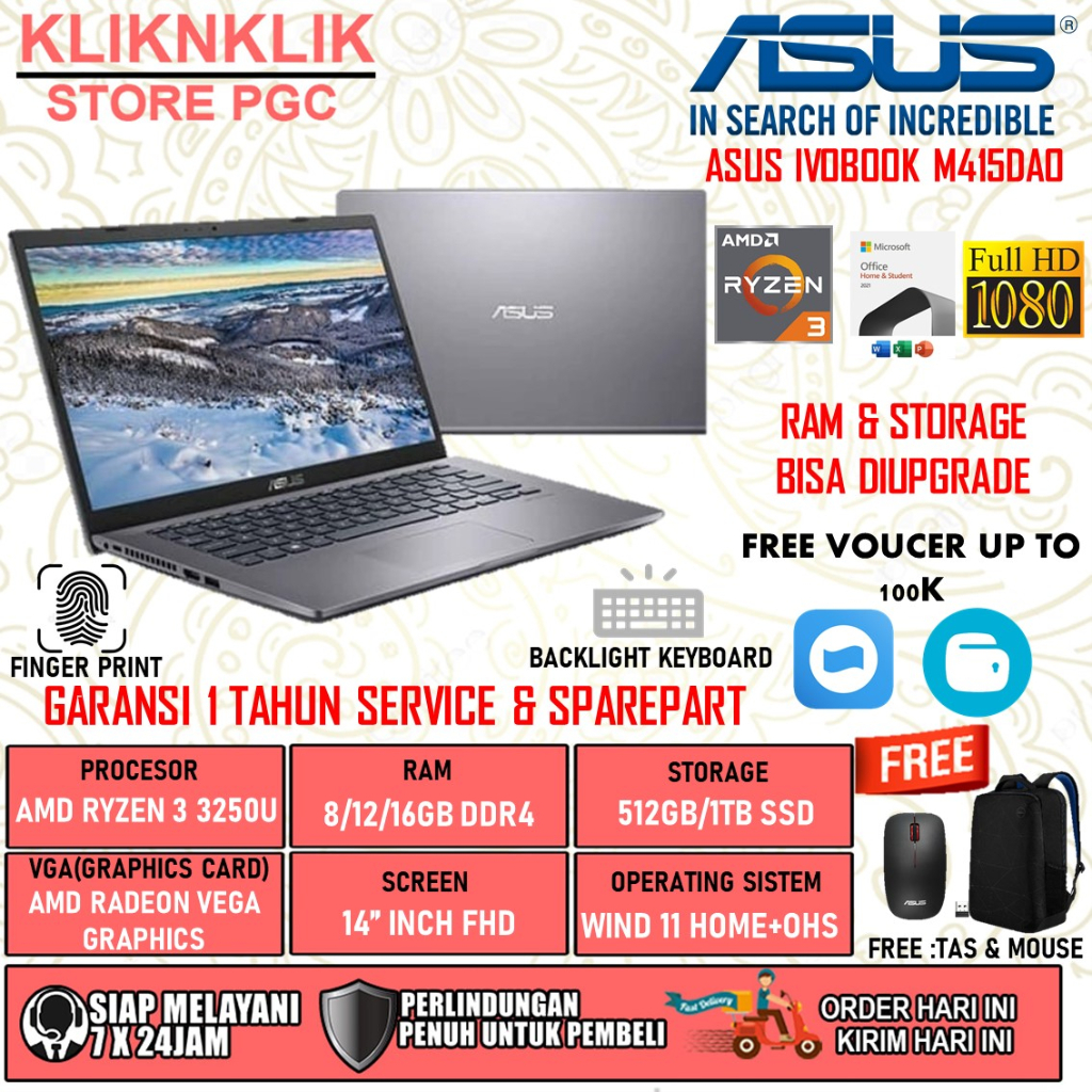 LAPTOP GAMING ASUS VIVOBOOK M415DAO AMD RYZEN 3 3250U RAM 8GB 16GB 512GB SSD FHD BACKLIGHT KEYBOARD WINDOWS 11 HOME