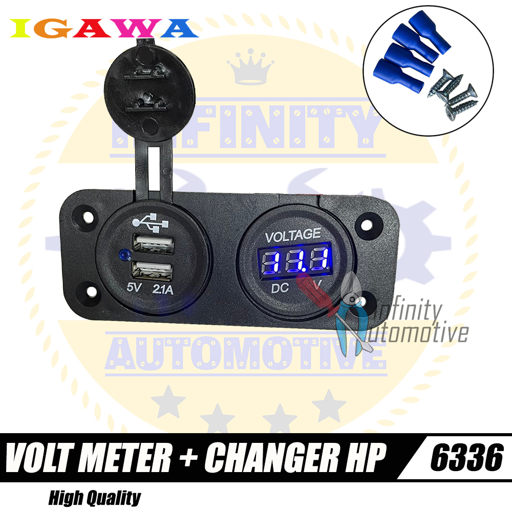 Volt Meter Aki + Charger Hp Usb Waterproof Volt Meter 2 in 1 Universal Semua Motor