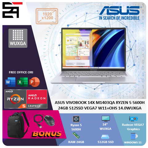 Laptop Asus Vivobook 14X M1403QA RYZEN 5 5600H RAM 24GB 512SSD VEGA7 W11+OHS 14 Inchi WUXGA IPS