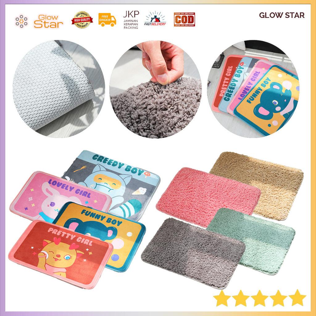 Keset tebal karakter / bulu dapur kamar mandi tidur Super Halus Premium Super Absorbent Non-Slip 40 x 60 Gray Abu Abu pink blue warna gelap terang anti slip