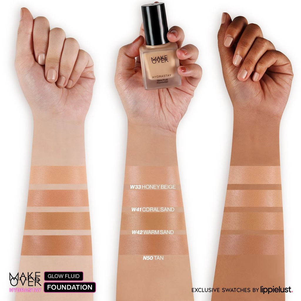 MAKE OVER Hydrastay Glow Fluid Foundation Indonesia / Liquid Foundation 35ml / 24 Hours Hydration Medium Buildable Coverage Water Light Texture / Designed For Dry Skin 24H Hydration Effect Smooth Glow Finish Cosmetic Series / Tint Blush Cushion Powder Lip