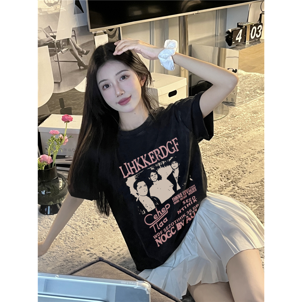 XIAOZHAINV Korean Style Band Hip Hop Pattern Washed Printing Kaos Wanita A0777/Atasan Wanita Terbaru