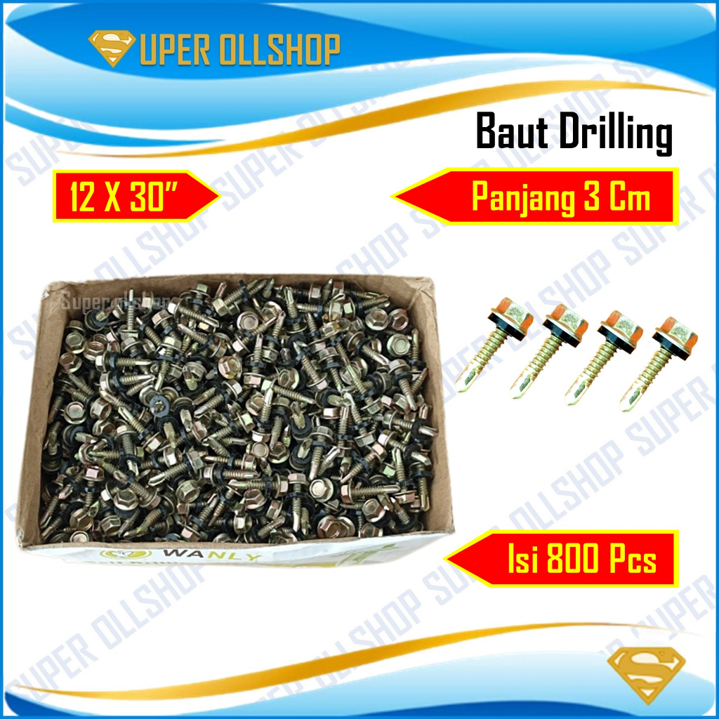 Baut Drilling Skrup Sekrup Roofing Baja Ringan Kuning Panjang 3 Cm 12x30 Harga 1 Kotak