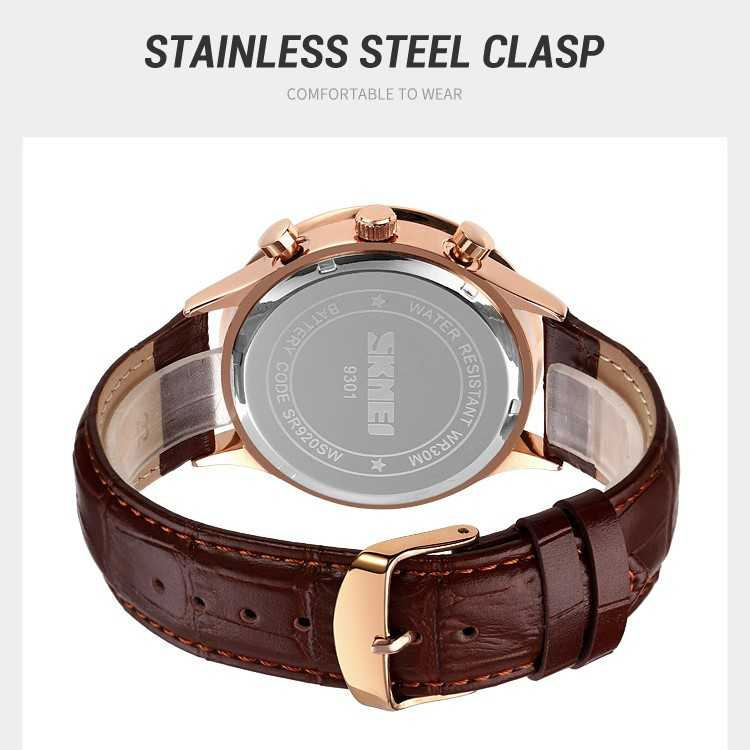 Jam Tangan Pria Analog Stopwatch Leather Strap Waterproof 30M Jamtangan Cowok Kekinian Desain Premium Anti Air