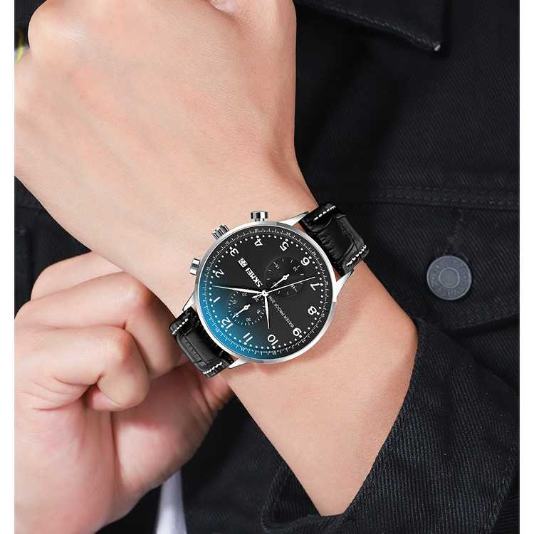 Jam Tangan Pria Analog Stopwatch Leather Strap Waterproof 30M Jamtangan Cowok Kekinian Desain Premium Anti Air