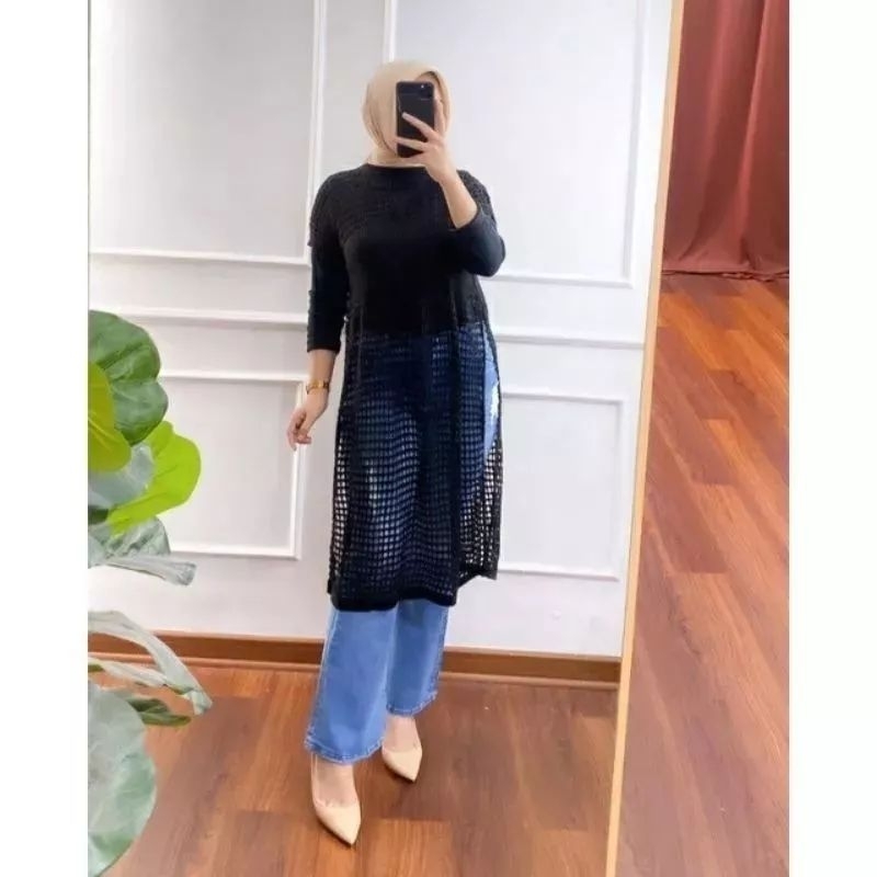 Rubi tunik dress knit belah pinggir atasan rajut jaring