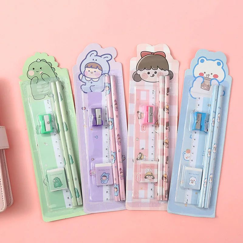 Set Alat Tulis Pensil 5 in 1 Karakter Lucu / Alat Tulis Sekolah  Penghapus penggaris Pensil Serutan Karakter Lucu Import/ Paket Alat Tulis Mini Stationary