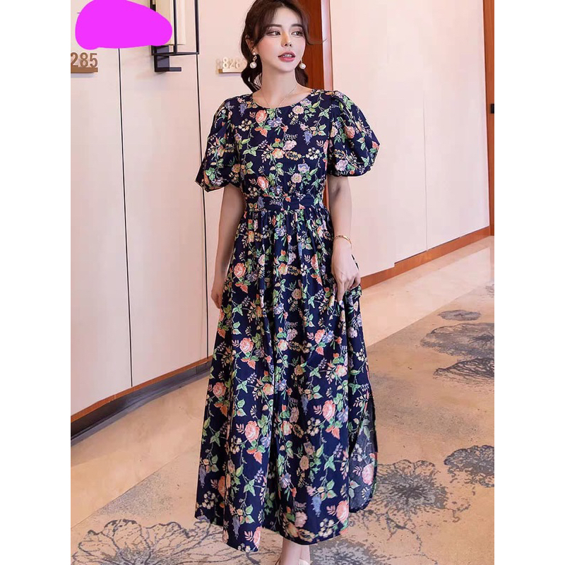 Floral Long Dress Fairy Lantern Slevees Navy M479