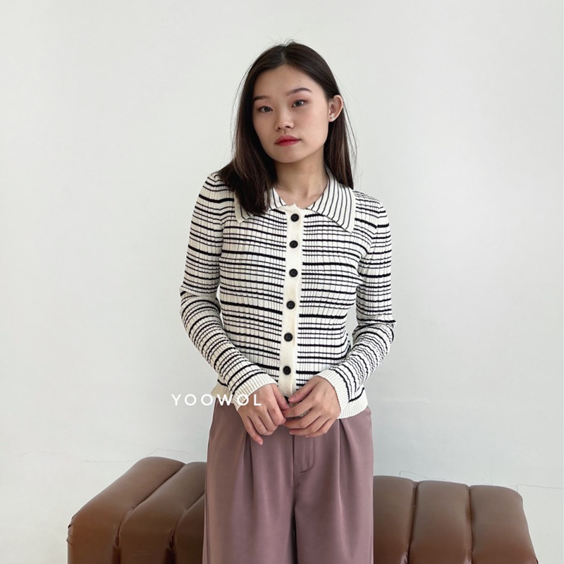 Kyo Knit Cardigan / Cardigan Stripe Lengan Panjang Atasan Wanita Knit Lengan Panjang