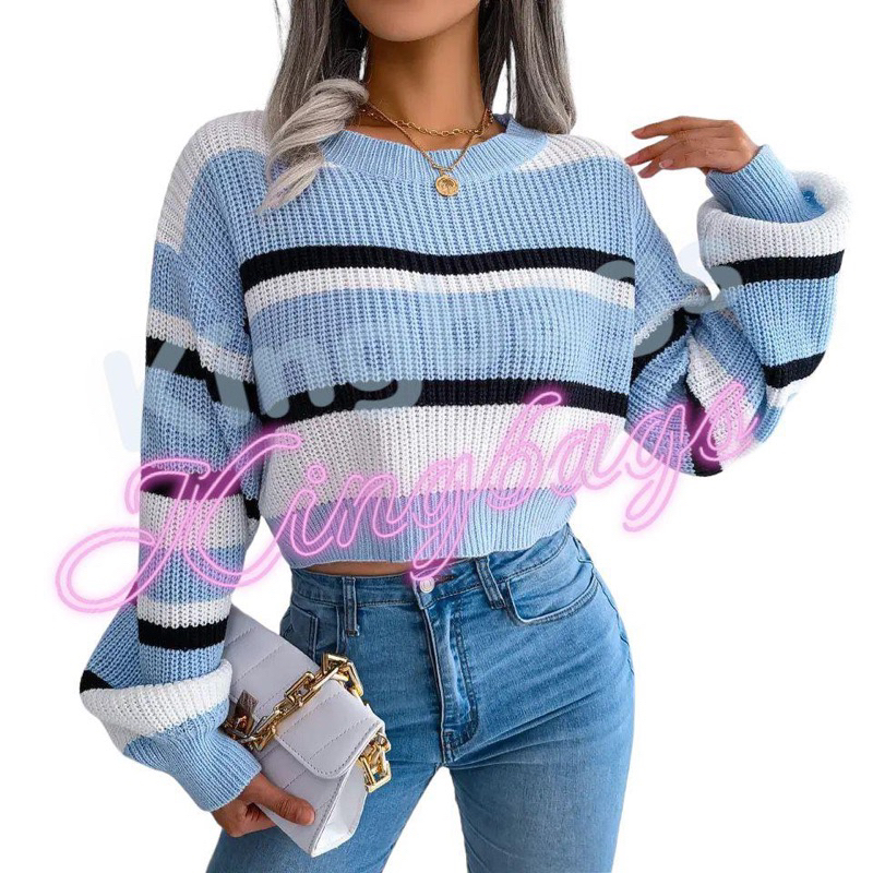 Olin Sweater Rajut Crop Stripe lengan panjang