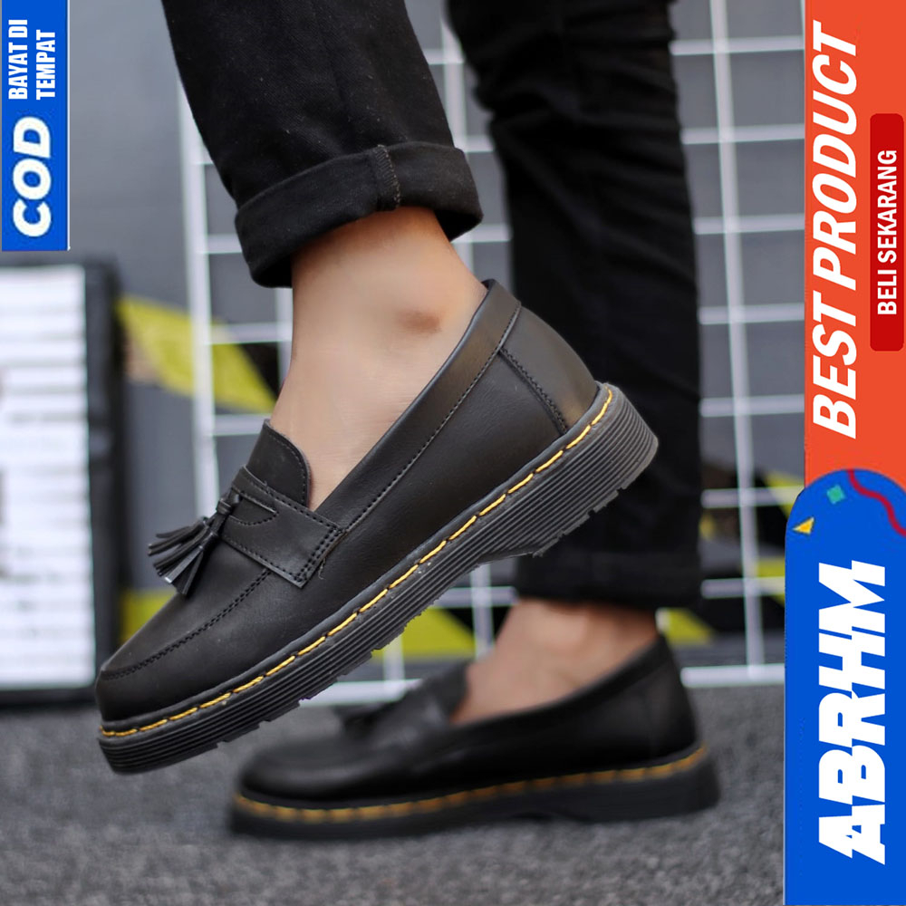 ABRHM Sepatu Loafers Formal Pantofel Docmart Casual Kerja Hitam Pria