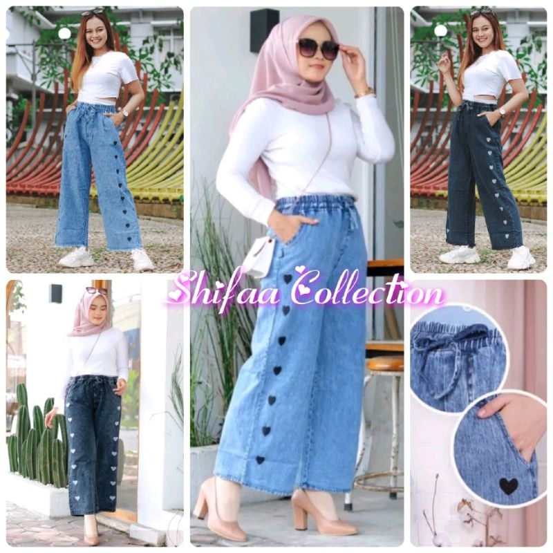 Celana Kulot Wanita Jumbo / Kulot Snow Black / Gfs Kulot / Kulot Jeans / Celana Kulot Jeans Wanita Panjang Model Bordir Love , standar jumbo