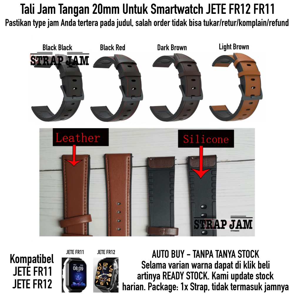 Tali Jam 20mm Strap Smartwatch Jete FR12 FR11 - Hybrid Rubber Kulit Leather