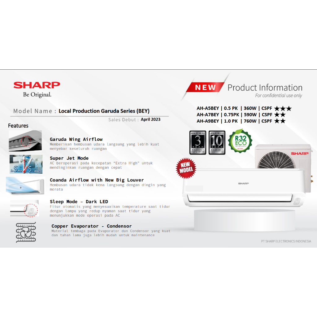 AC SHARP AH-A 09 BEY 1 PK + PASANG R32 LOW WATT