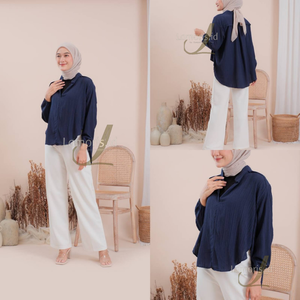 Lifia Blues Terbaru Outer Wanita Basic Atasan Kemeja Polos Bahan Crinkle Ladycrush