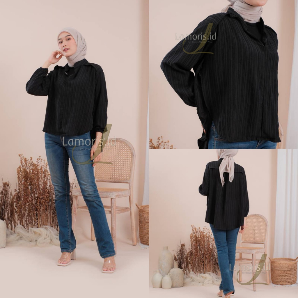 Lifia Blues Terbaru Outer Wanita Basic Atasan Kemeja Polos Bahan Crinkle Ladycrush
