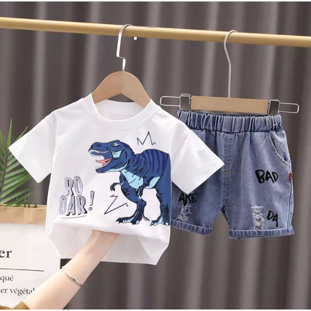 setelan baju kaos dan celana jeans pendek anak import 1-5 tahun motif dino raor/ fashion anak kekinian/ outfid