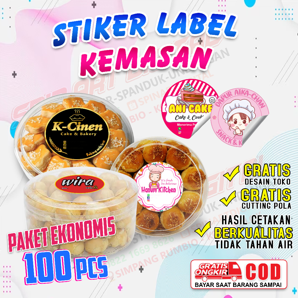 

PAKET 100 PCS STIKER LABEL KEMASAN MAKANAN CUSTOM DESAIN CUTTING