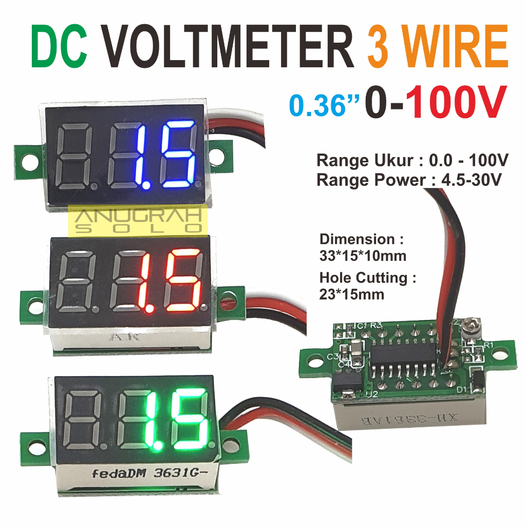 Voltmeter DC Mini 3 Kabel 0-100V Volt Meter DC 0.36 Inch