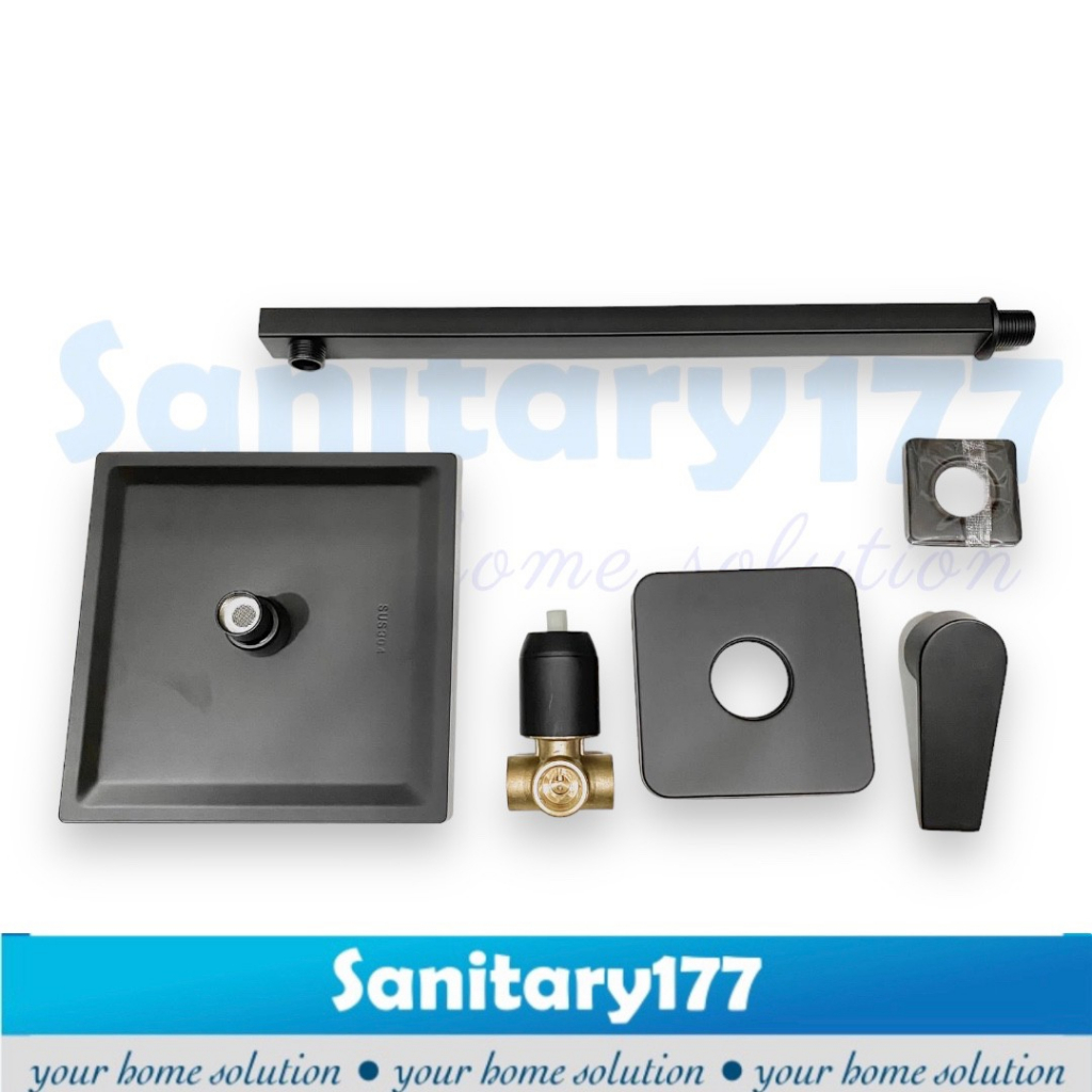 Paket Wall shower kotak minimalis hitam dan stop kran segi 901-bundling complete rain shower rainfall TIANG 40  keran air shower tembok stenles
