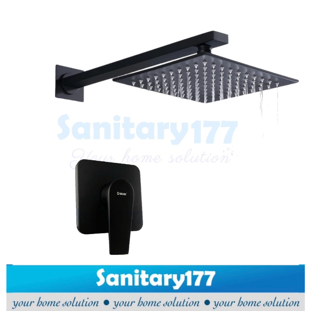 Paket Wall shower kotak minimalis hitam dan stop kran segi 901-bundling complete rain shower rainfall TIANG 40  keran air shower tembok stenles