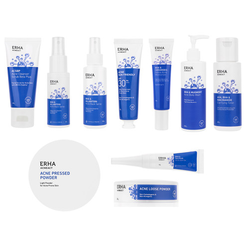 ERHA ACNEACT SERIES / ACSBP FACIAL SCRUB / BHA SULPHUR ACNE SPOT GEL / BHA ALLANTOIN ACNE BACK SPRAY