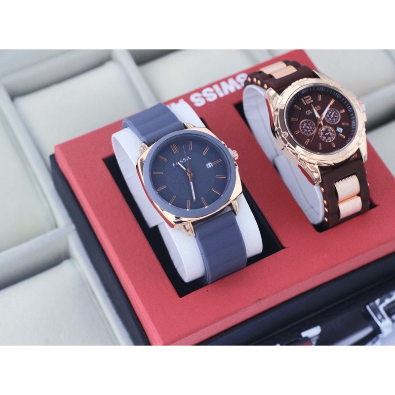 (Terima Cod)Jam Tangan wanita Fashion Buy 1 Get 1 Paket Hemat Kado FsL Bulat+Gues Ring Rose Tanggal Aktif Strap Rubber/Karet(Dikirim Jakarta)Free Box