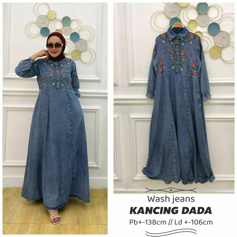 Flo Jeans Maxy, GAMIS JEANS CANTIK MODIS FIT XL LD 106 BAHAN JEANS WASH IMPORT MIX BORDIR KANCING BUSUI TERMURAH TERLARIS OOTD KEKINIAN