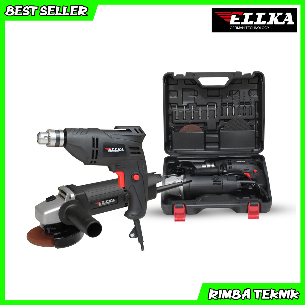 ELLKA Paket Bor dan Gerinda Set Koper M3esin Bor Kayu 10mm dan Gerinda Tangan 4 Inch Combo Set Murah Germany Technology