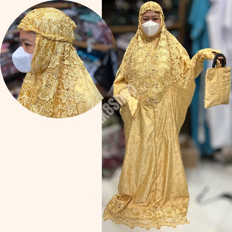 Mukena Dewasa Terusan Sutra Jepang Premium Prada Renda Mawar / Mukena Dewasa Terusan Syahrini / Sahr
