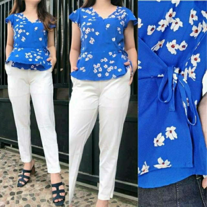 BR cobalt blue blossom print capsleeve wrap blouse