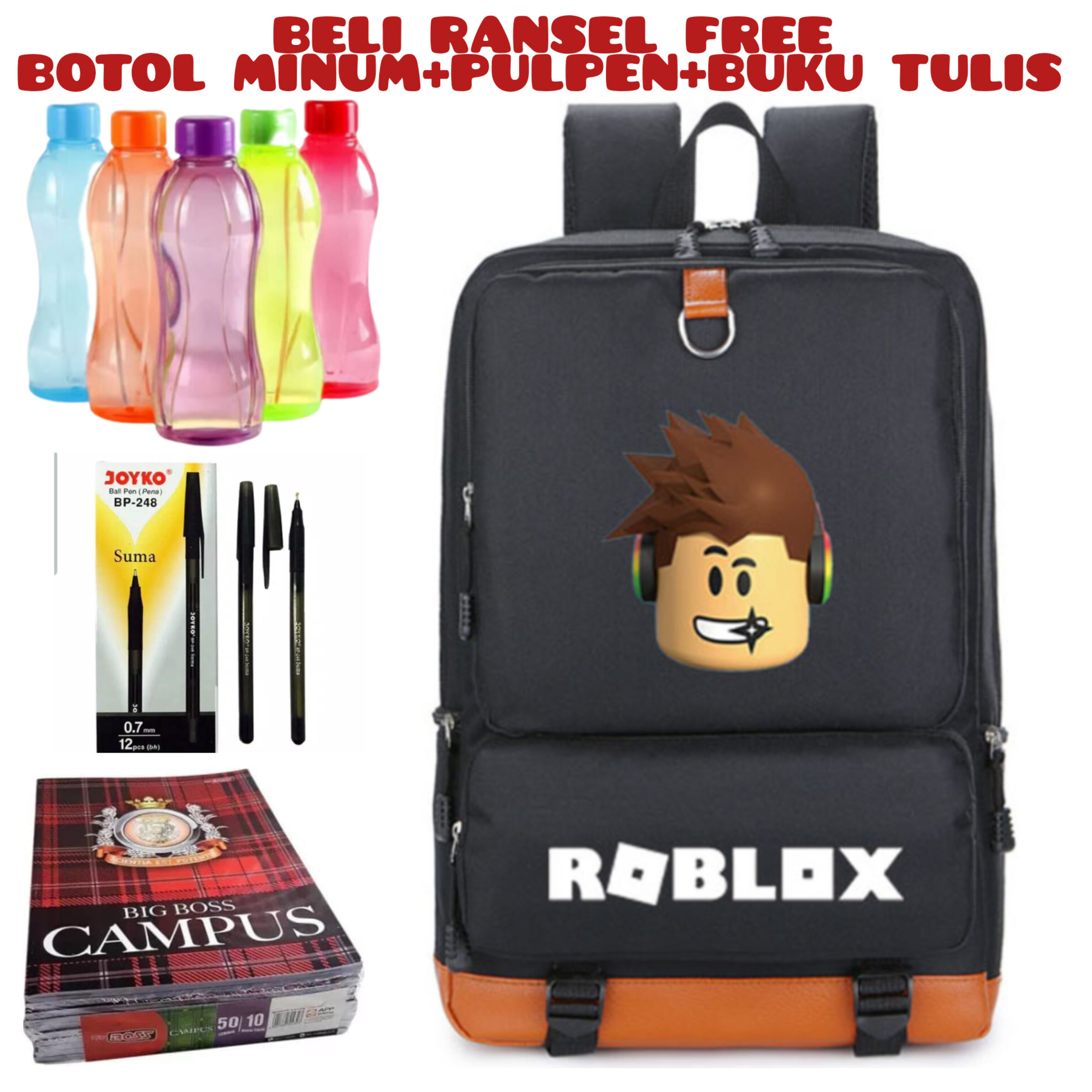 Dunia tas123_Beli 1 Dapat 4 - Tas Sekolah Roblox Ransel Untuk Remaja Gadis Anak-anak Mahasiswa Ransel Perjalanan - Beli Ransel Free Botol Minum+Pulpen+Buku Tulis