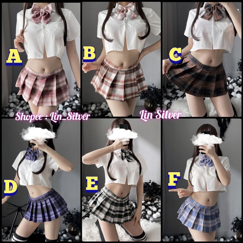 Lingerie Cosplay Kostum Murid / Siswi / Pelajar Rok Kotak Kotak Dasi Wanita Sekolah Jepang / Sexy Cosplay Lingerie Student Skirt Bowtie