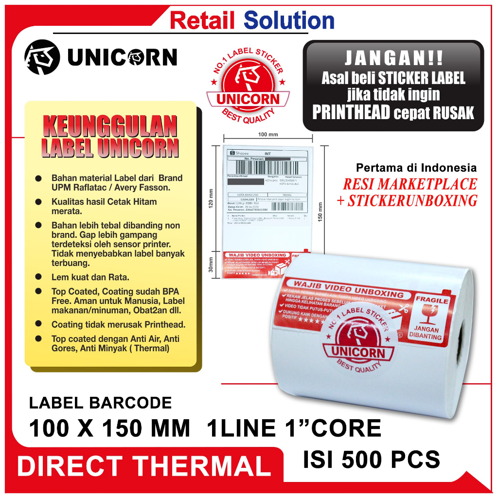 Stiker Label Thermal AWB Resi Alamat Unboxing Fragile A6 100x150 @500