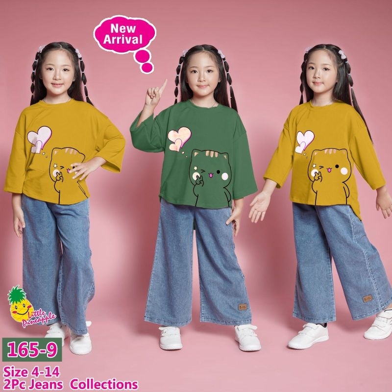 Setelan panjang kulot jeans Little pineapple kids Love kitty