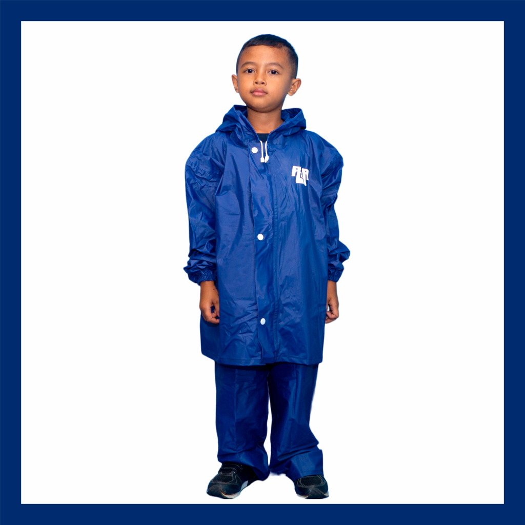 R&amp;A - Jas Hujan Setelan Anak SD / Mantel Anak Laki laki Perempuan / Raincoat Bahan PVC NYLON Biru Premium