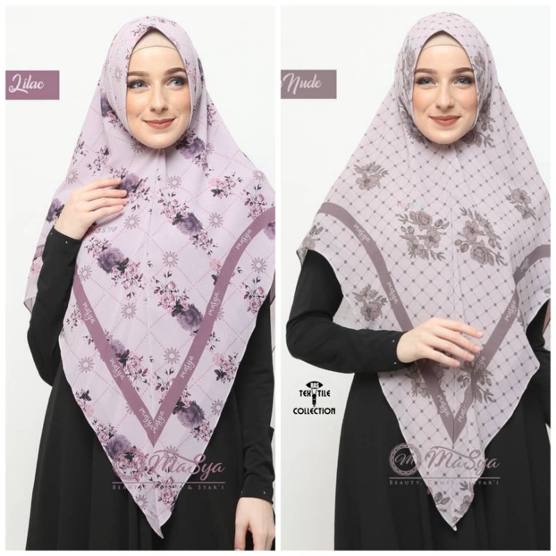 Jilbab Hijab Khimar Ceruty Ceruti Babydoll 2 Layer Lilac - Nude Motif Printing Premium Masya Syari Original