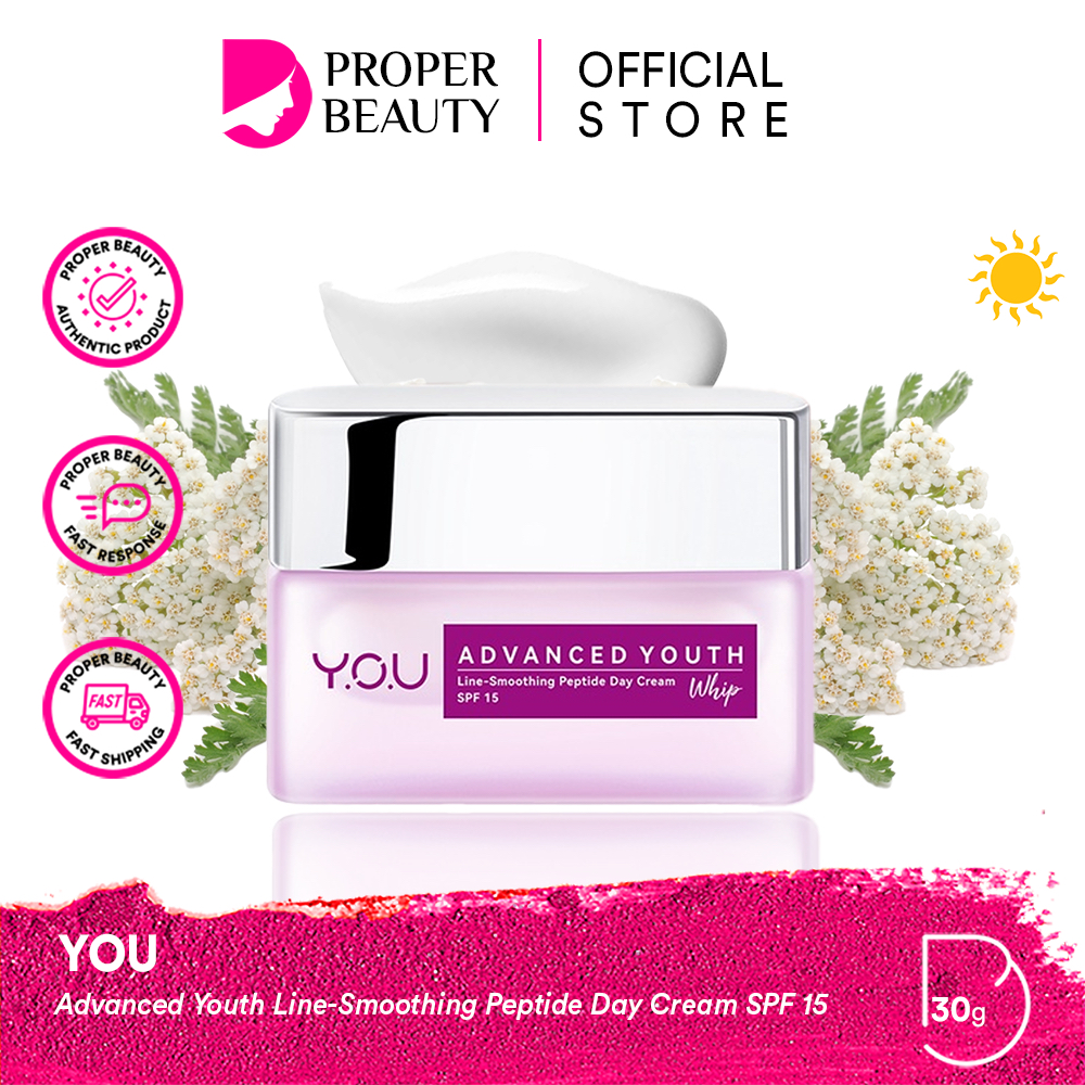 YOU Advanced Youth Line-Smoothing Peptide Day Cream SPF 15 Indonesia / Krim Siang 30g / Plantide X + French Yarrow Extract / Whip Cloud Like Texture Firming Skin Actives / Anti Aging Penuaan Dini Garis Keriput Skincare Face Care Y.O.U Series Night Malem