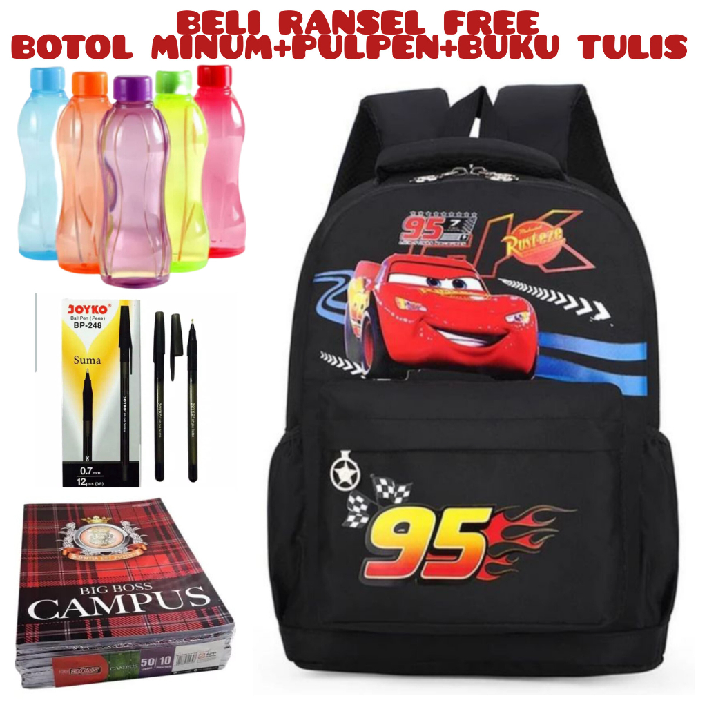 MJP_Beli 1 Dapat 4-Tas Anak Sekolah CARTOON CAR 95 Anak Laki-Laki/Perempuan Tas Sekolah Anak TK/SD Laki-Laki Murah Beli Ransel Free Botol Minum+Pulpen+Buku Tulis