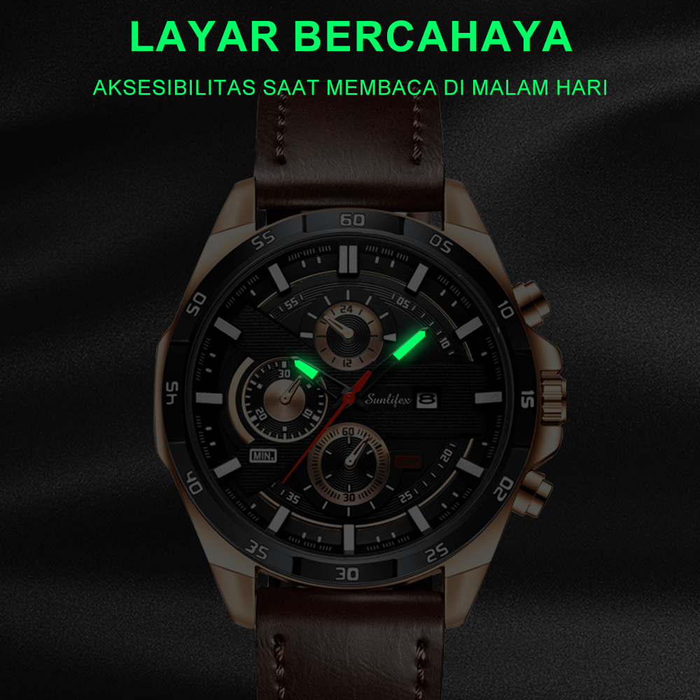 Sunlifex Jam Tangan Pria 9091 Kuarsa Tali Kulit Olahraga Mode Kalender Jam Tangan Cowok-5