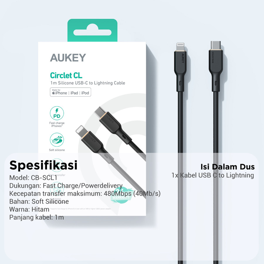 Kabel iPhone Aukey CB-SCL1 USB-C to Lightning MFi 1m - 501746