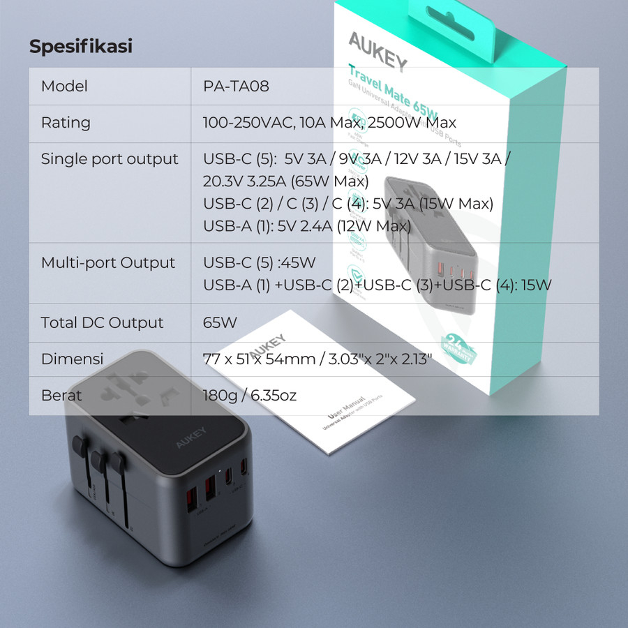 Universal Adapter AUKEY PA-TA08 With USB C PD 65W - 501744