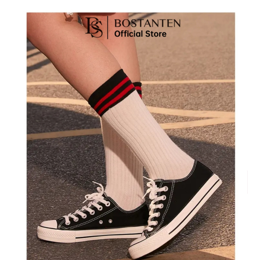 【New Arrival】BOSTANTEN Sepatu Kanvas Wanita Casual Sneakers Fashion,Sekolah,Kerja Model Low Hitam Size 35-44