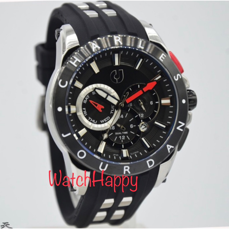 WatchHappy Charles Jourdan CJ1034-1332M CJ1034 CJ 1034 Men Sport Black Dial Rubber Black Quartz Move