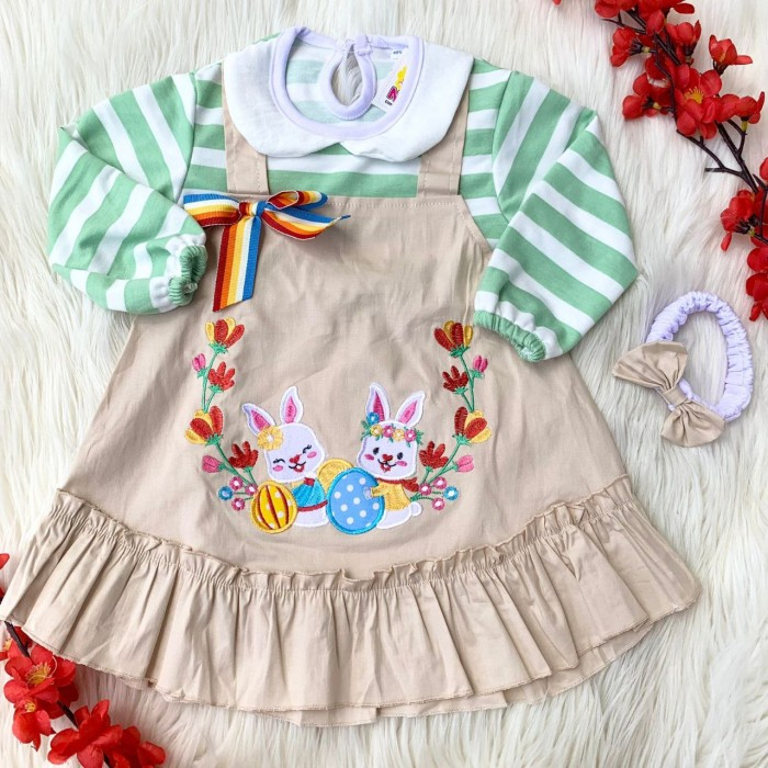 Baju dress lengan panjang kekinian lucu dapat bandana bestseller anak cewek perempuan murah -two