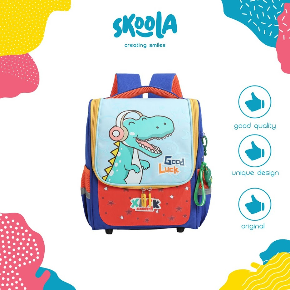 Skoola Tas Sekolah Anak Laki - Laki TK SD Ransel Dinosaurus Free Keychain - Roji