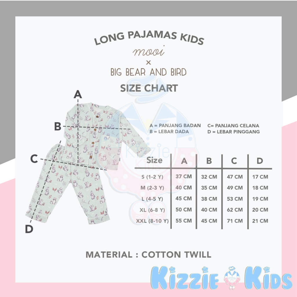 Mooi x Big Bear &amp; Bird Piyama Panjang Anak Baju Tidur Anak Long Pajamas Kids