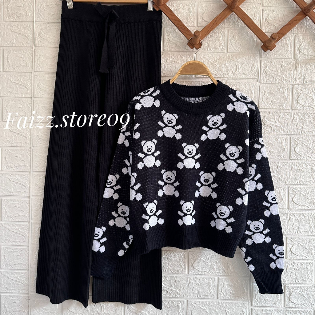 Oneset Sweater Rajut Novaria Motif Panda Setelan Celana Kulot Rajut Premium Wanita