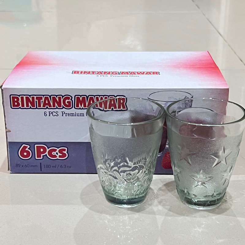 satu set gelas kopi kaca / gelas mawar bintang isi 6